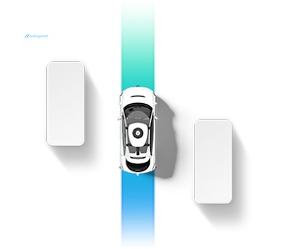 Top-down graphic of a white self-driving car navigating a blue pathway between staggered white obstacles.