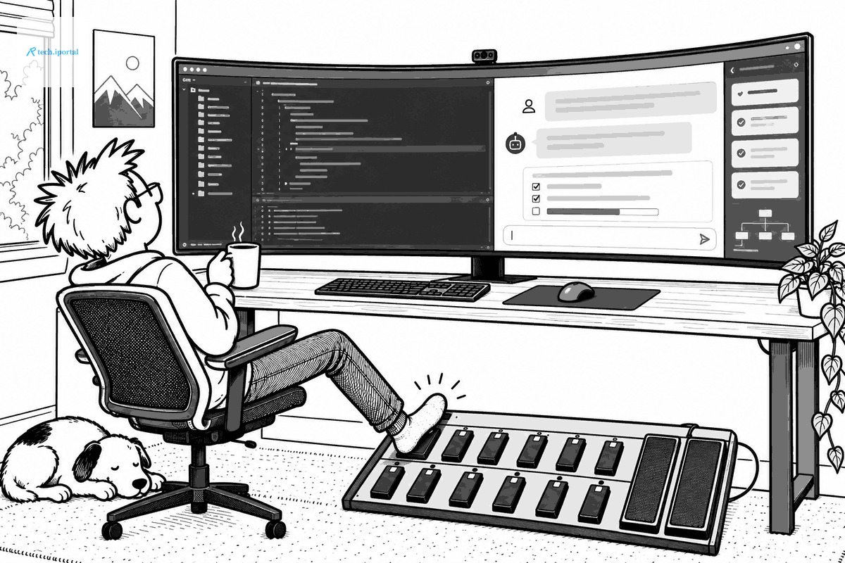 Cartoon: a developer leans back from a wide monitor with a coffee, stomping a footswitch on a MIDI pedalboard while a dog sleeps nearby.