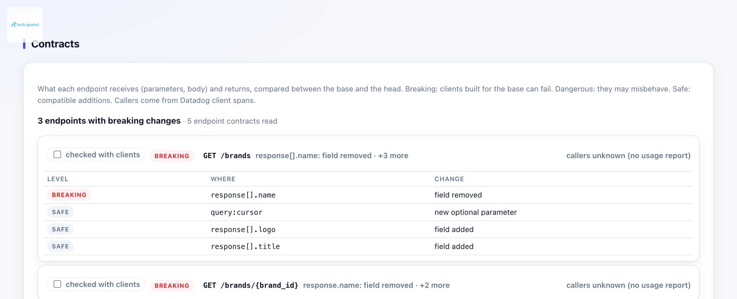 A breaking contract change: GET /brands no longer returns response[].name