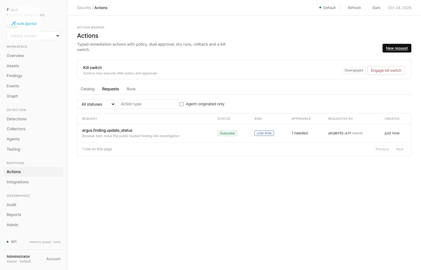 The Argus action requests page with pending approvals, risk levels and the kill switch