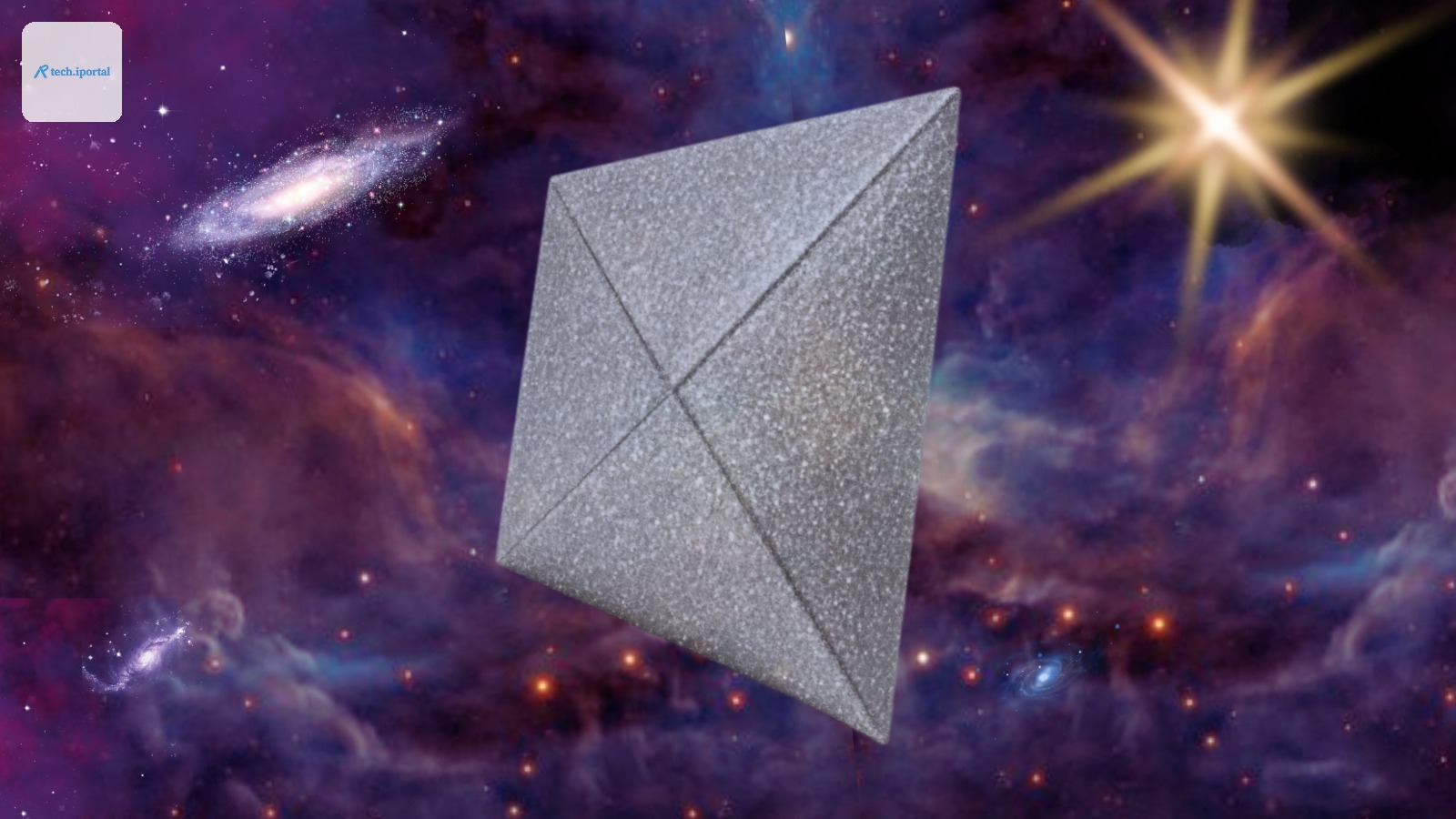 An illustration shows a silver translucent solar sail voyaging through interstellar space leaving behind the sun