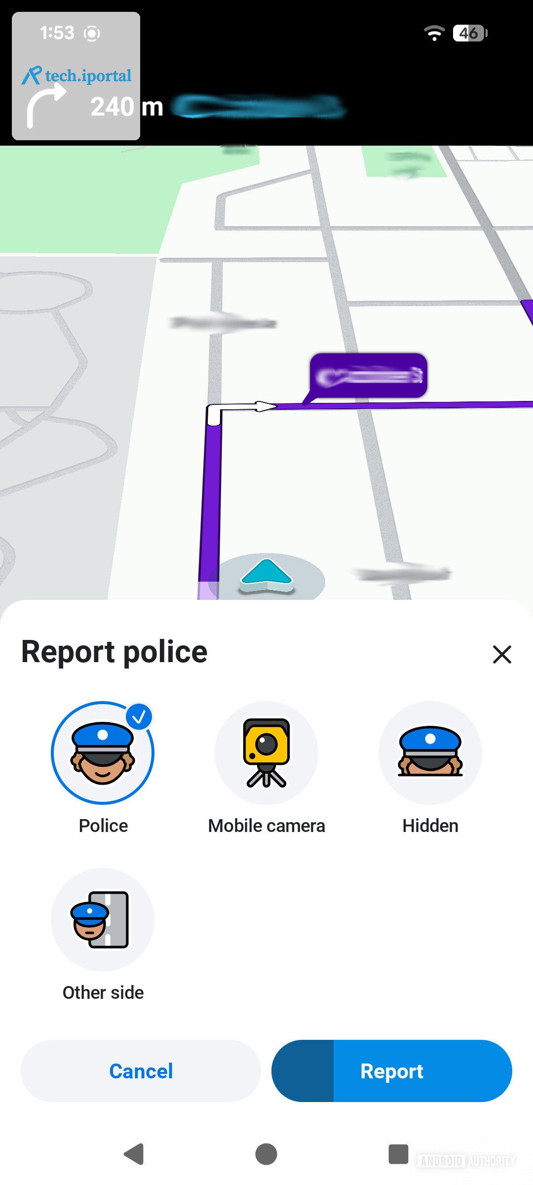 A screenshot highlighting a Waze police report being made.