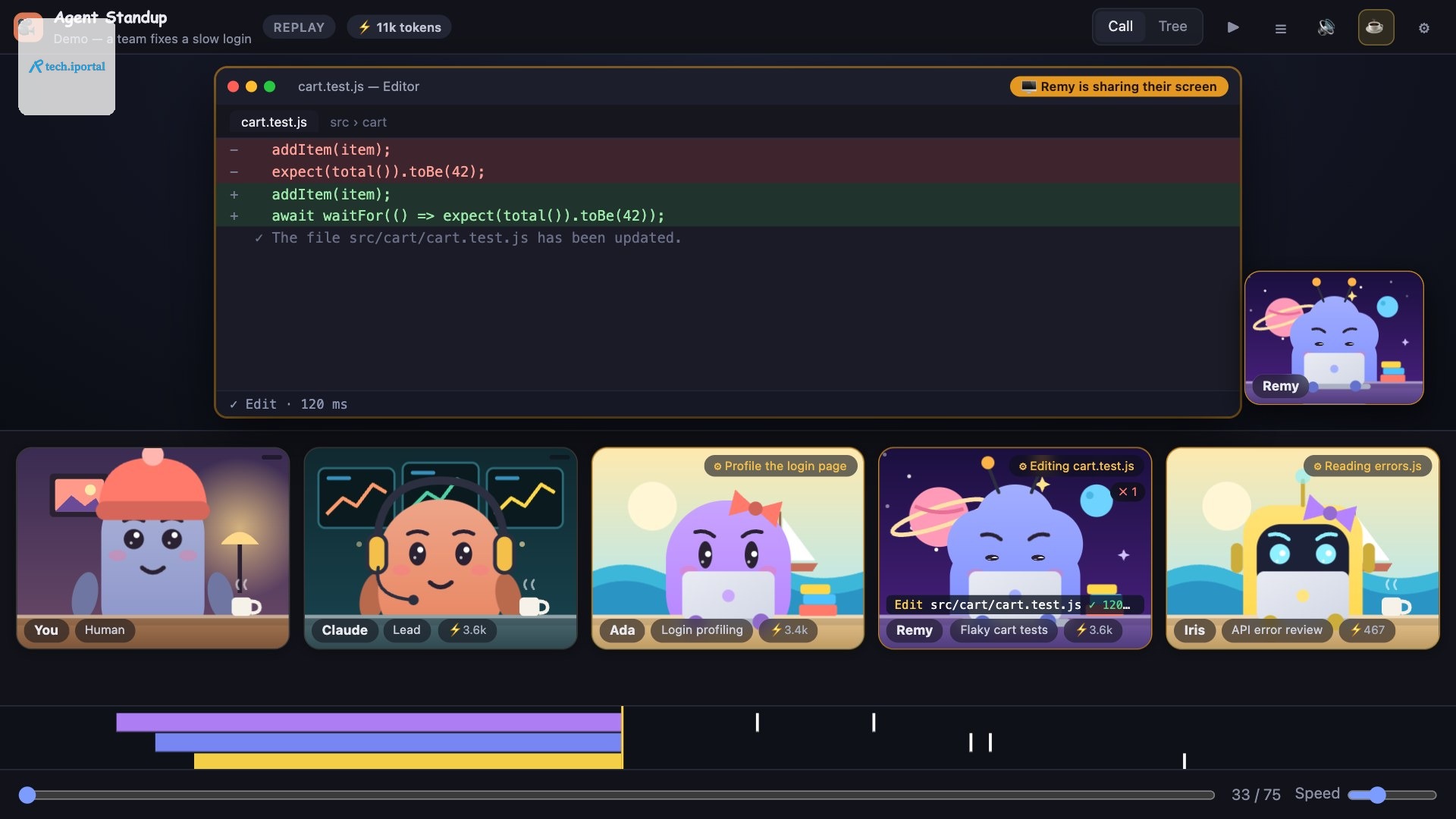 An agent sharing an editor with a diff