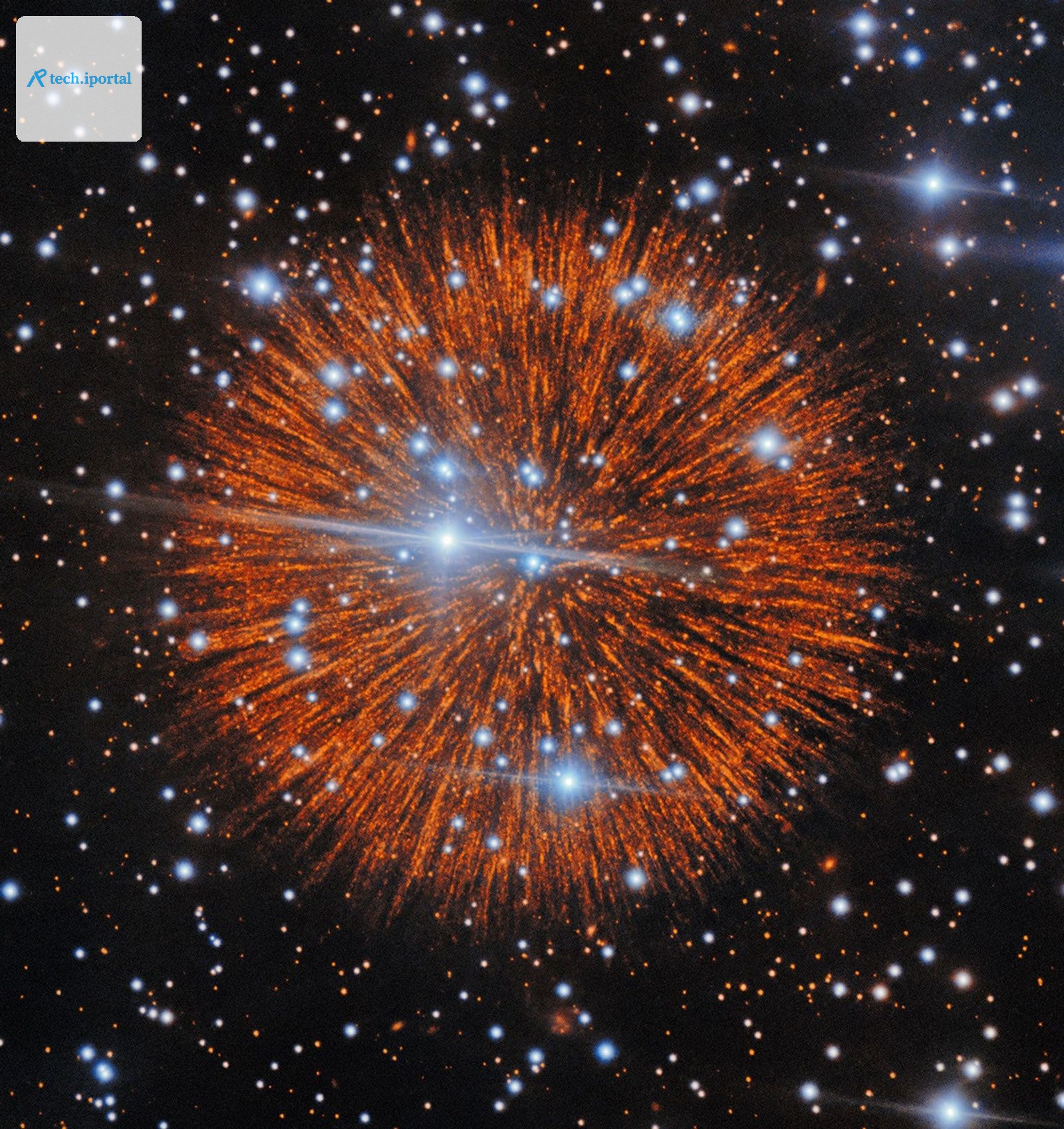 Against a background of bright stars is a red sphere with lines exploding out in each direction like a firework or a pompom.