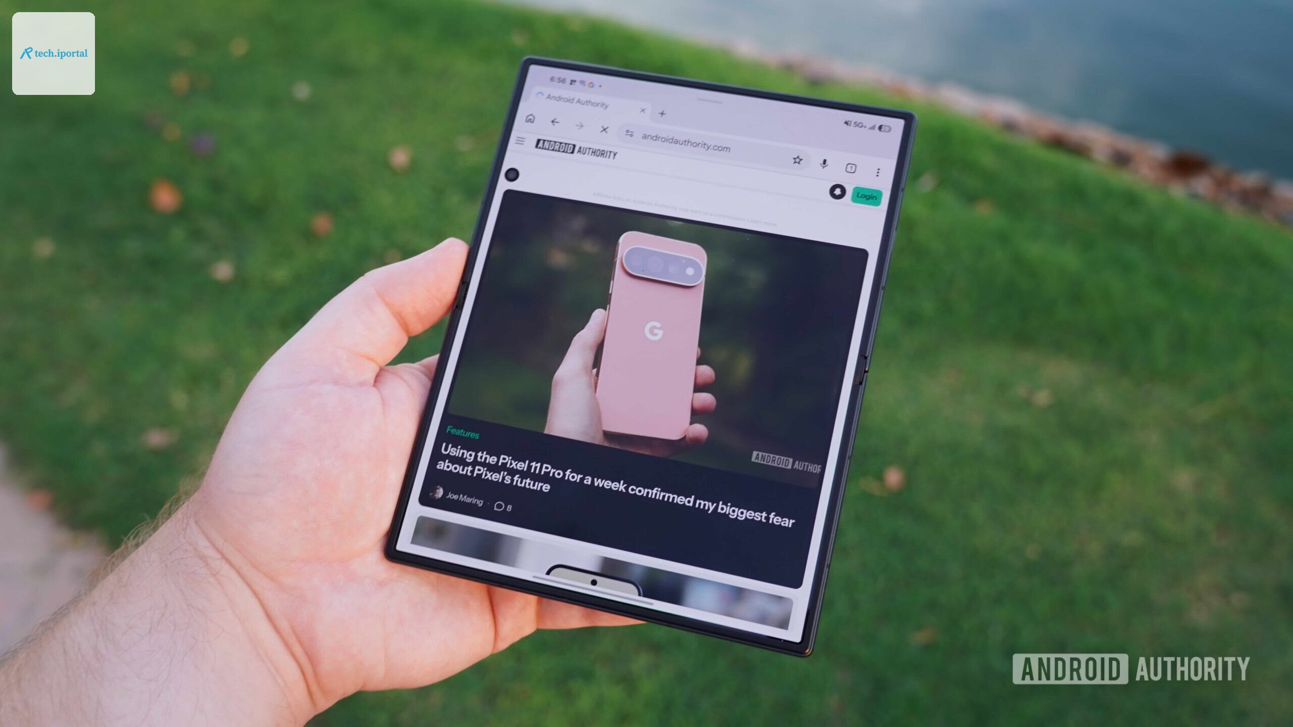 The Galaxy Z Fold 8 in portrait mode showing the Android Authority homepage.