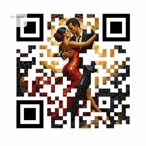 AI-generated QR code of a dancing couple in glossy mosaic tiles, Mosaic Dance template