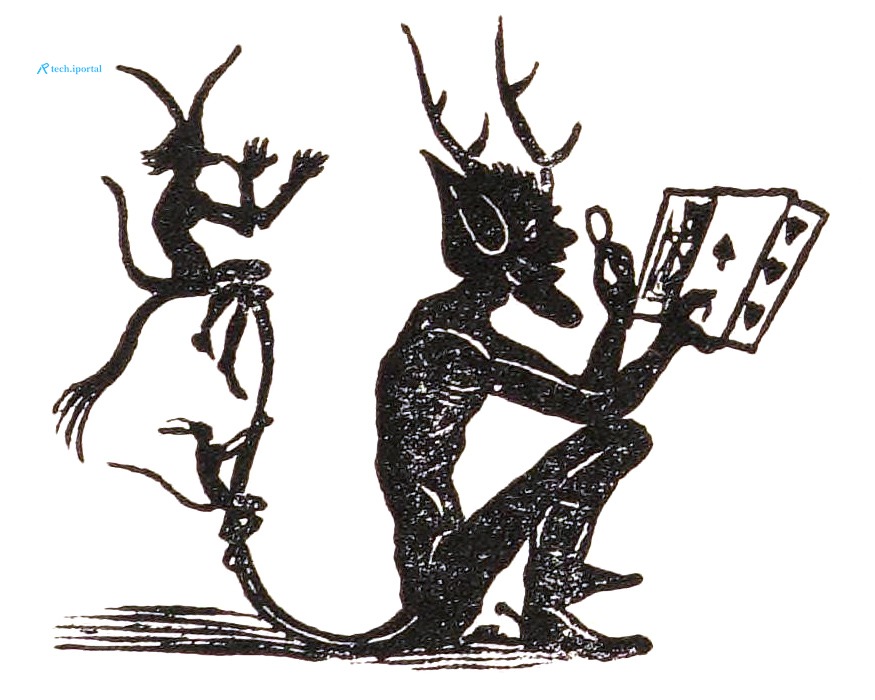 An imp studies a hand of cards through a lens while a smaller imp springs from its tail.