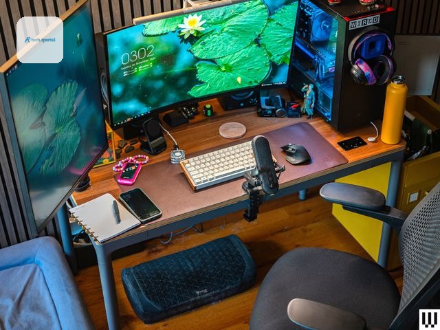 Front view of Branch Four Leg Standing Desk with computer monitors keyboard microphone and other work items on top