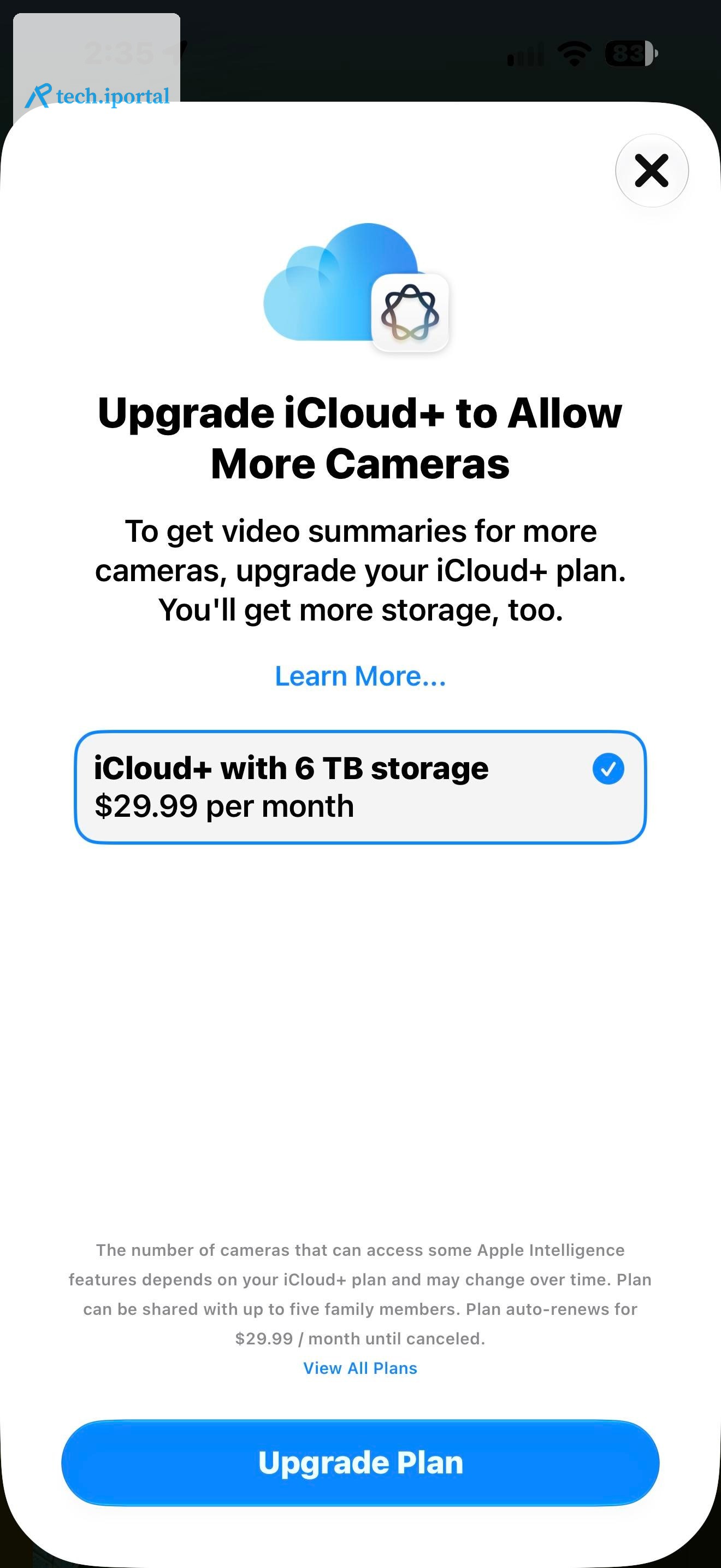 <em>Apple Intelligence requires the 2TB $9.99 a month plan, for more cameras you need to upgrade to 6TB or 12TB.</em>