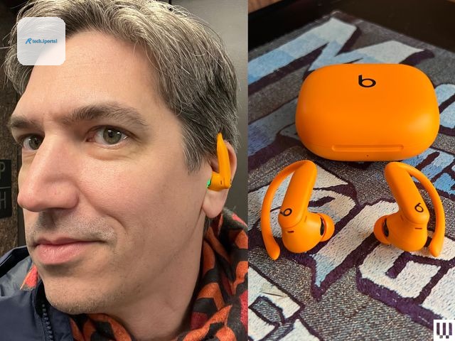 Left: Selfie of a person with short hair wearing Beats Powerbeats Pro 2 earbuds in orange. Right: curved, around-the-ear earbuds and an oval-shaped case.