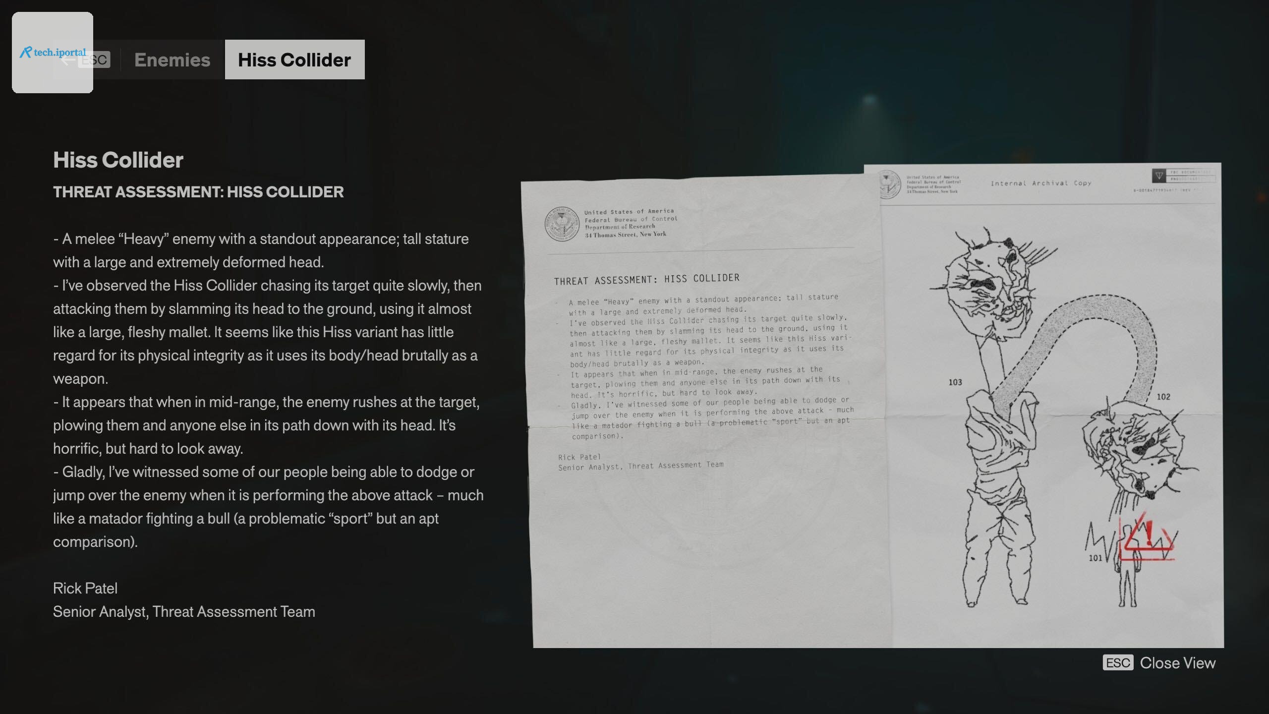 An official-looking document in Control Resonant about the Hiss Collider enemy. The author describes the enemy’s attack patterns, “extremely deformed head,” and “horrific” attack pattern: “much like a