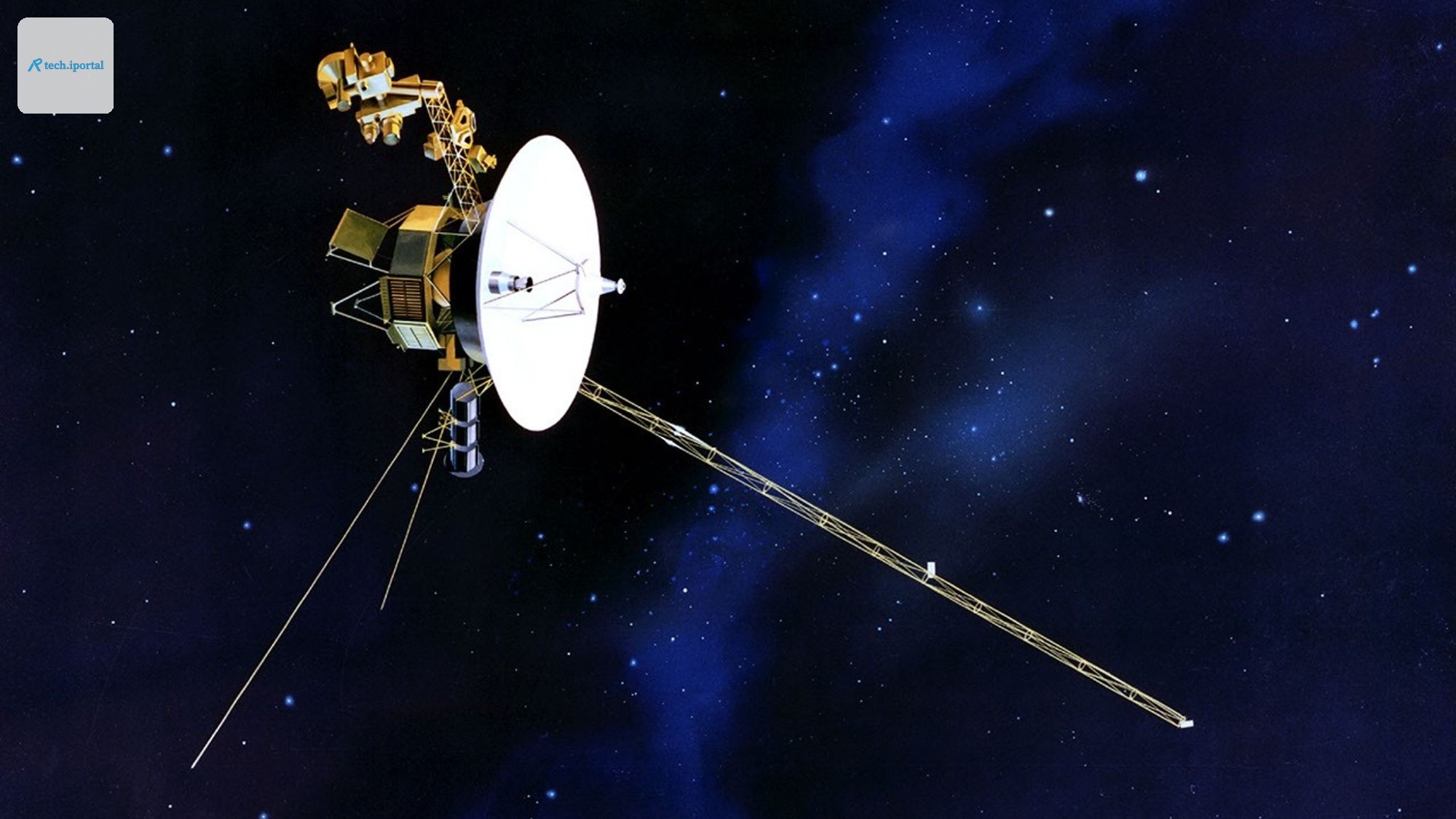 a spacecraft consisting of a large round radar dish, three long pole-like appendages extending from an octagonal body, floating in space on a starry background