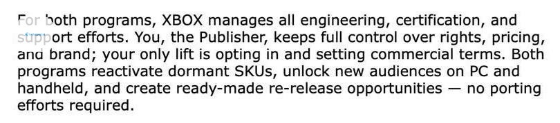 It reads: For both programs, XBOX manages all engineering, certification, and support efforts. You, the Publisher, keeps full control over rights, pricing, and brand; your only lift is opting in and s