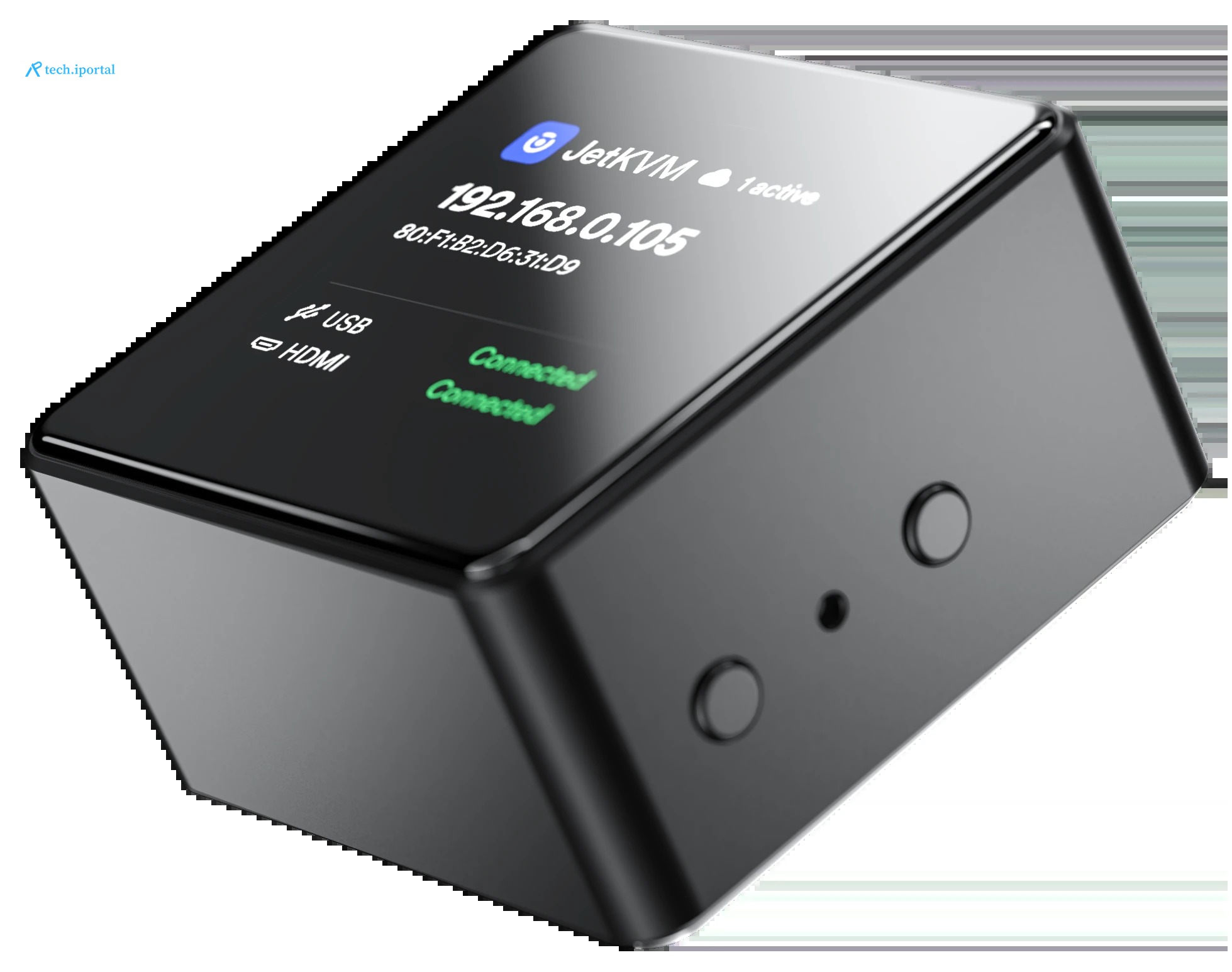 JetKVM Mini from above, showing the display on top and the buttons on the side