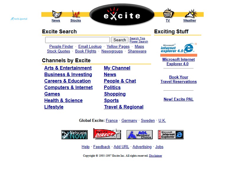 The classic Excite logo tops a web page of blue links