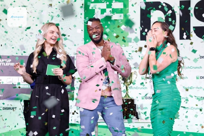 Kevin A. Damoa, Founder & CEO, Glīd, Claire Kroft and Ankit Malhotra, winners of the Startup Battlefield 2025, pose onstage during day three of TechCrunch Disrupt 2025 at Moscone Center on October 29,