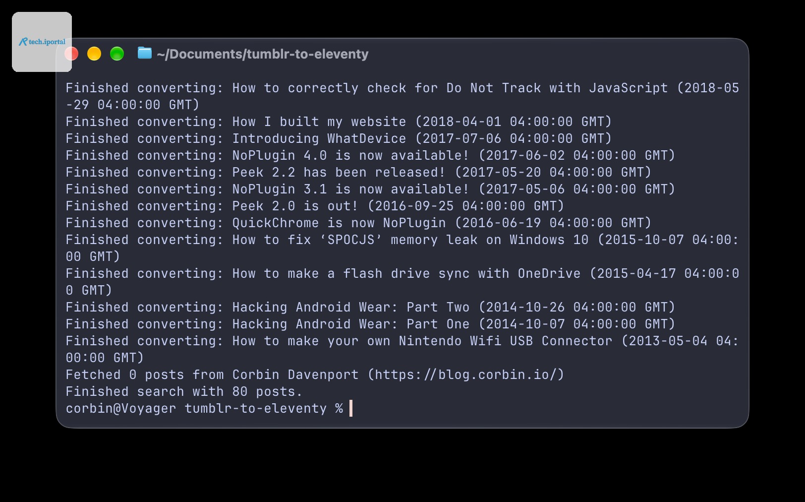 The script converting my blog posts in a Terminal window