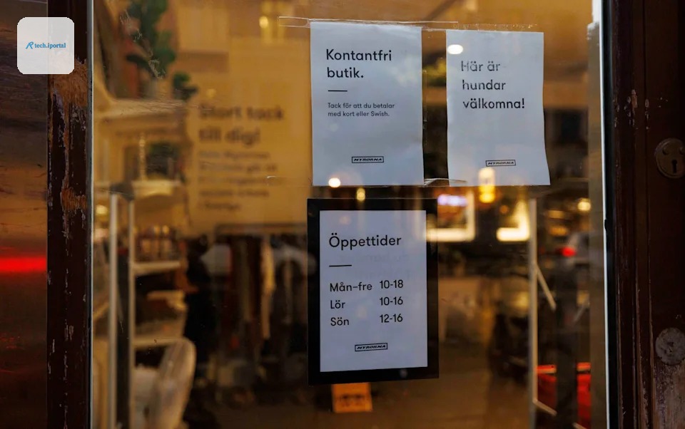 A sign on a store advertises it as a cash-free establishment, and thanks customers for paying by card or by Swish