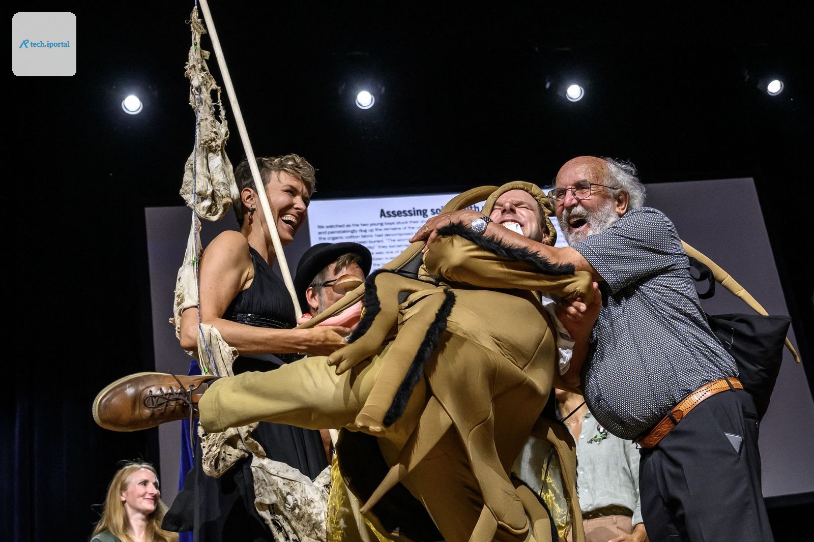 Swiss science journalist Atlant Bieri&nbsp; reacts with 2019 Nobel Prize in Physics Michel Mayor  next to Swiss...