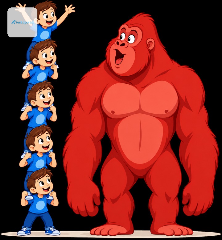 Five boys standing on one another's shoulders, together as tall as a single gorilla beside them