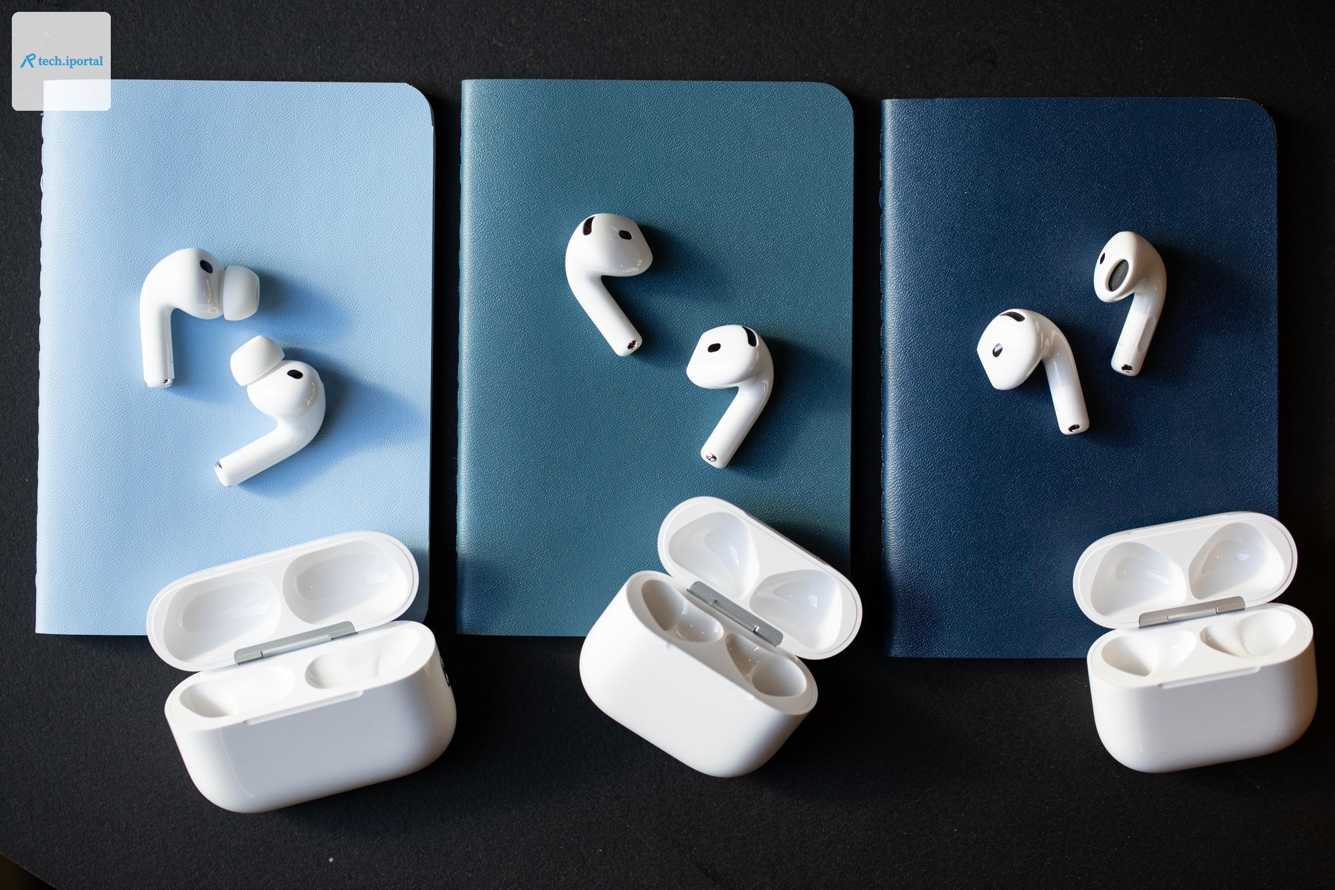 The AirPods 5 (right) share the exterior design as the AirPods 4 (middle), and are inspired by the internal acoustic architecture of the AirPods Pro 3 (left).