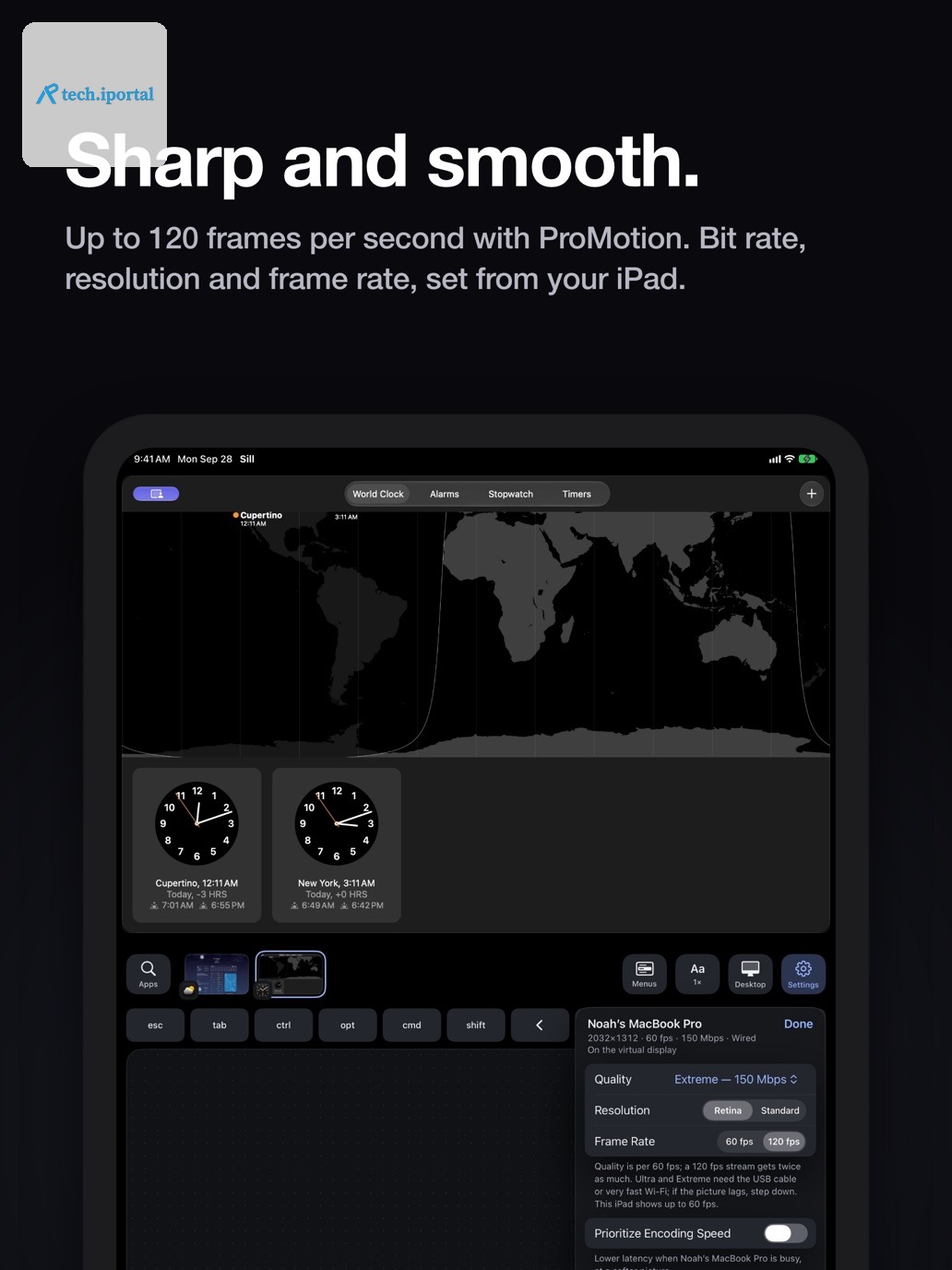"Sharp and smooth." Sill's Settings panel on an iPad held upright, with the Mac's Quality, Resolution and Frame Rate settings.
