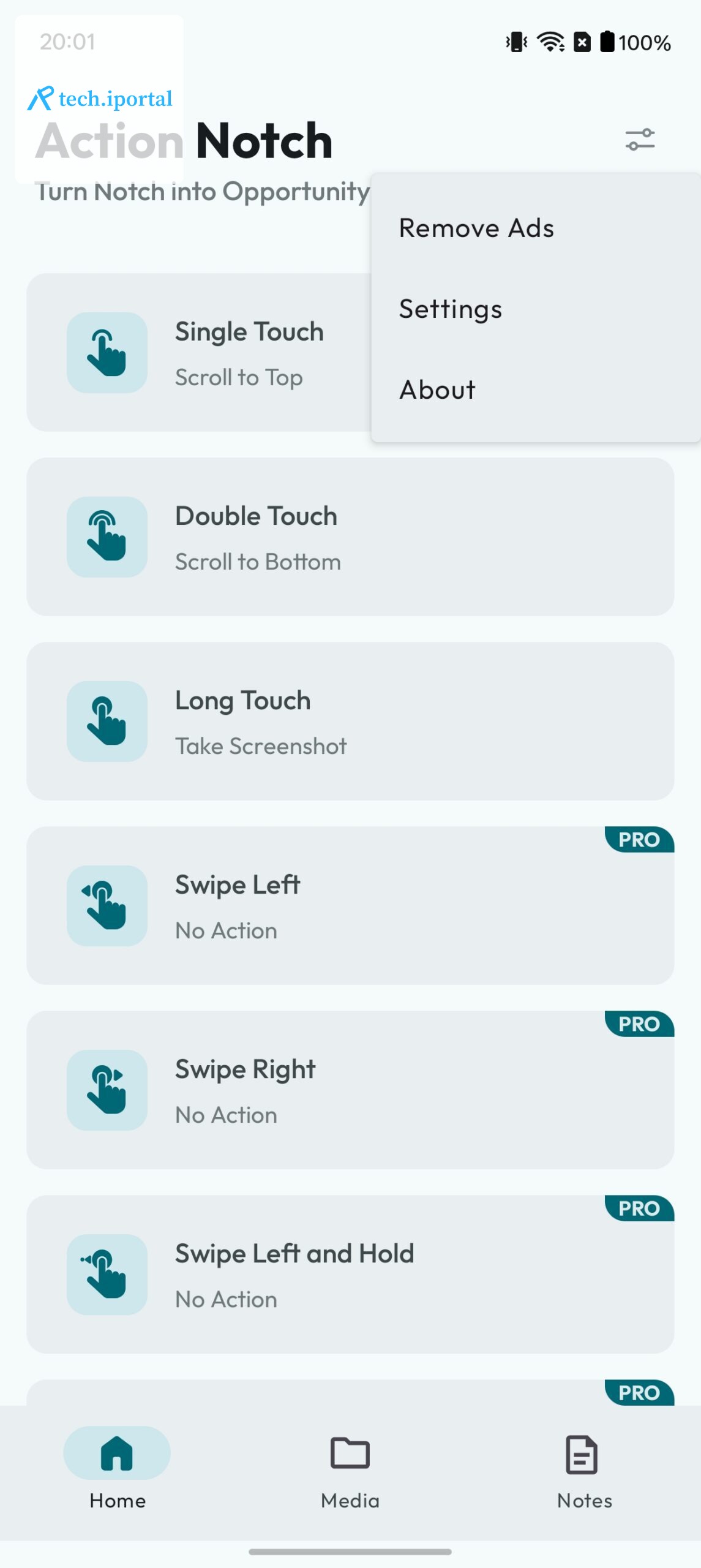 Action Notch app with three configured gestures.