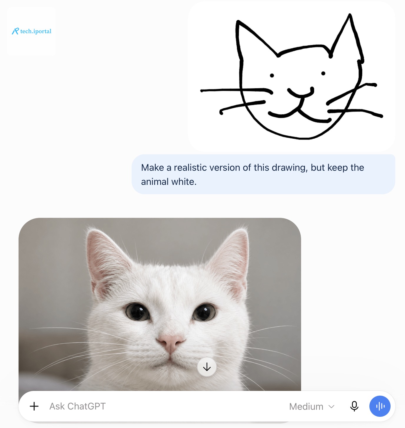 Screenshots of ChatGPT making a cat image based off of a sketch.