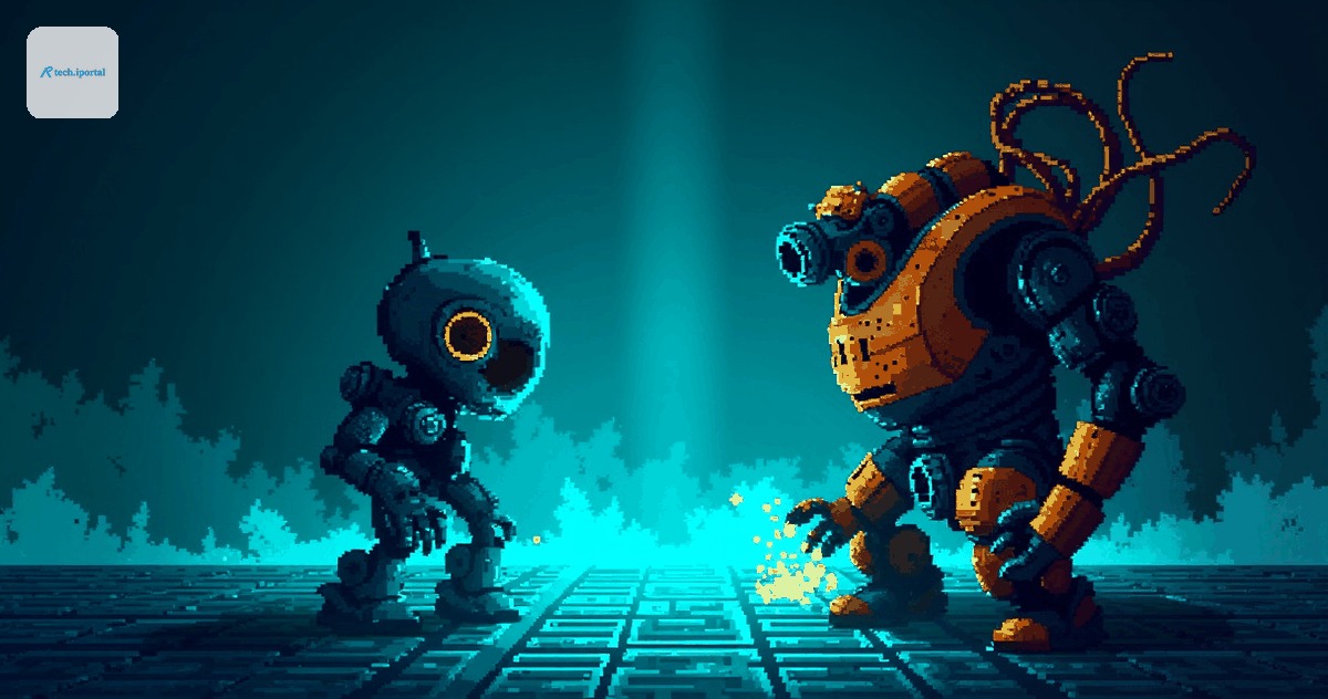 Illustration: a small lens-eyed robot facing a large geared machine, on a floor of spreadsheet cells.