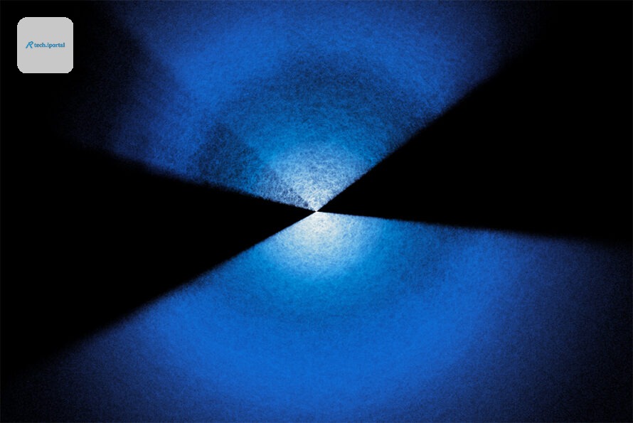 Two fans of blue and white dots extending up and down from center on a black background.
