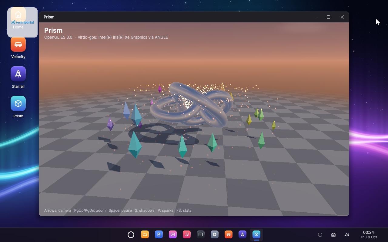 Prism: a reflective knot, shadowed crystals and sparks in OpenGL ES 3.0