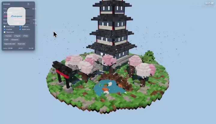 A voxel pagoda garden that Strata's model wrote, running in the browser