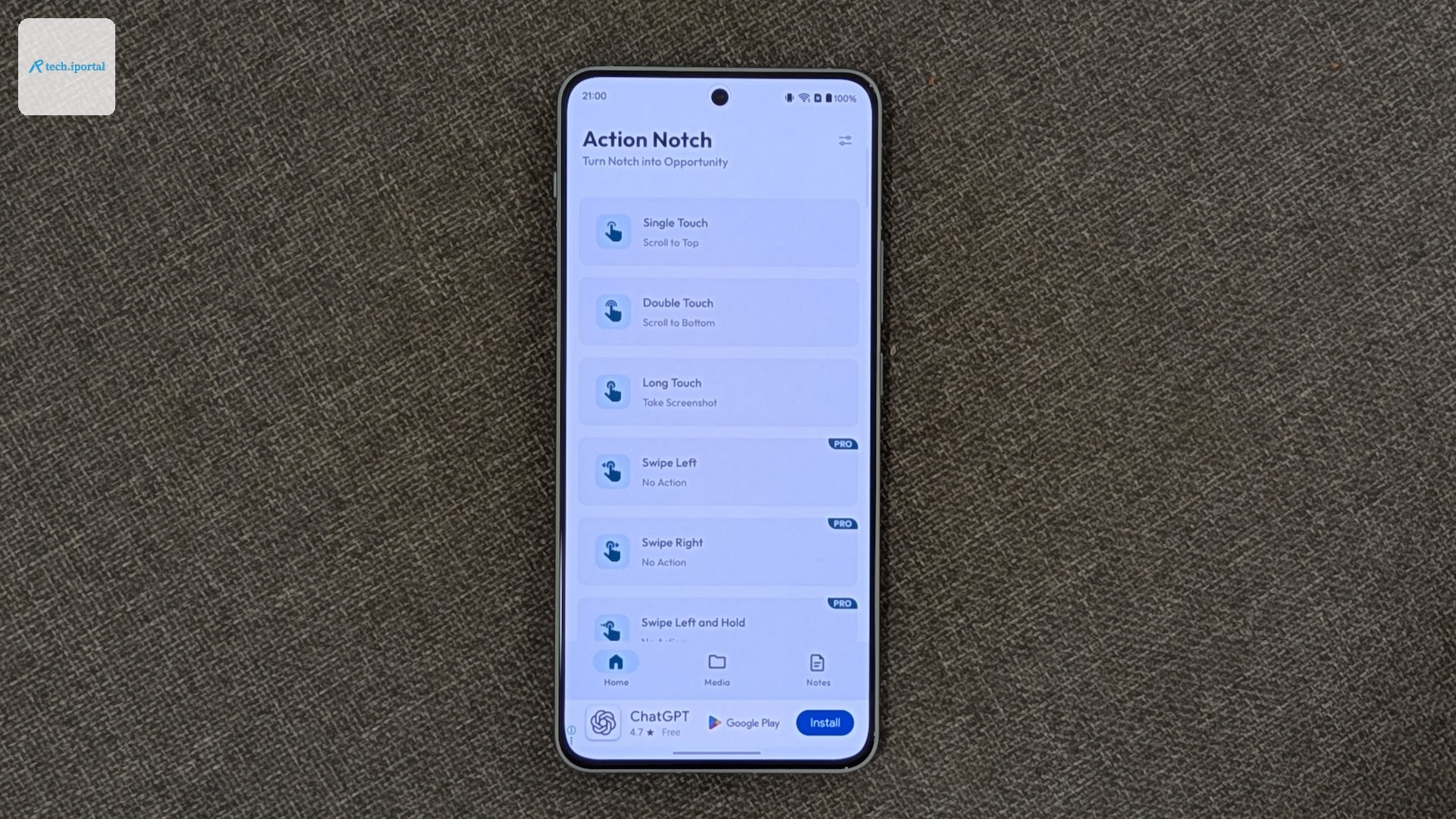 Action Notch with three configured gestures.