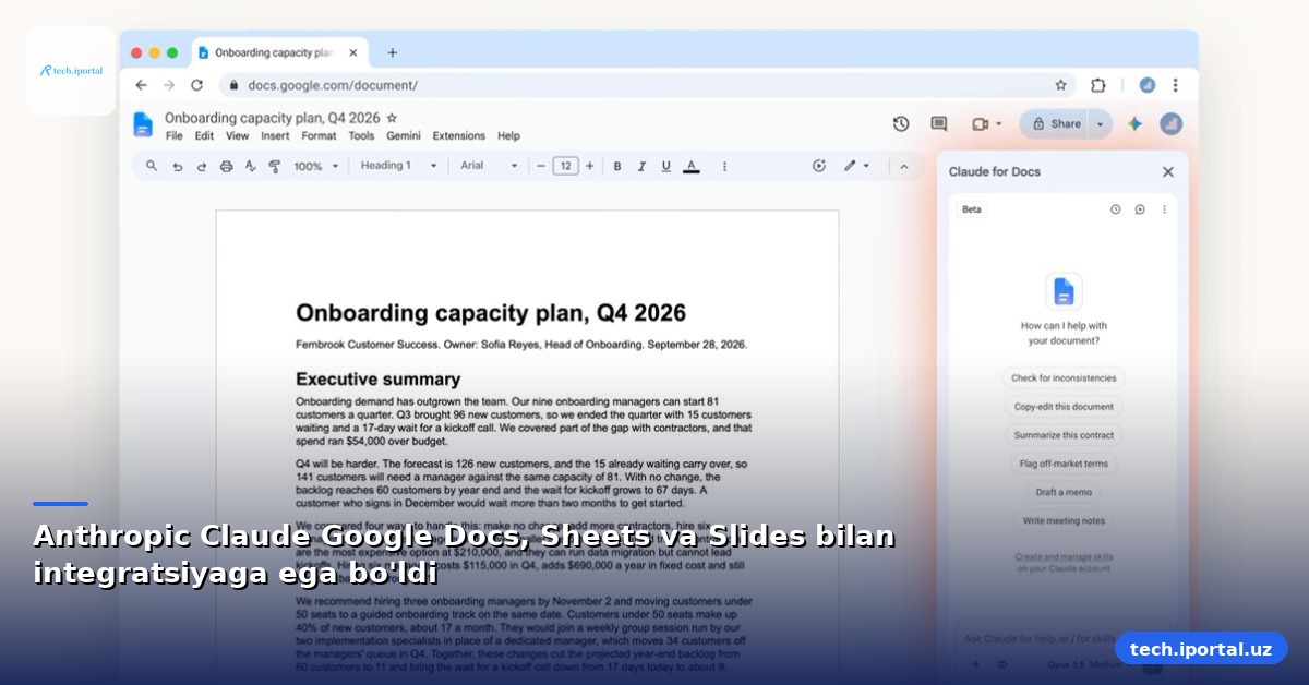 Anthropic Claude Google Docs, Sheets va Slides bilan integratsiyaga ega bo'ldi
