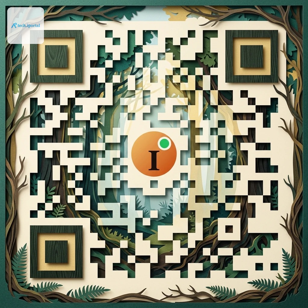 Full-picture QR code in a layered green paper-cut forest style