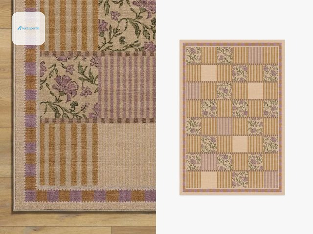 Left: Close up of beige rug with stripes and floral squares. Right: Overhead view of rug isolated.