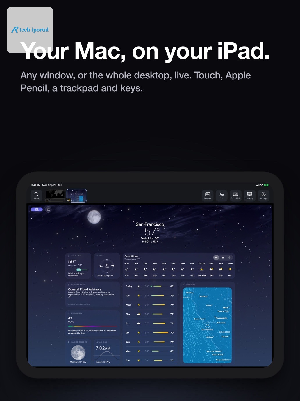 "Your Mac, on your iPad." The Mac's Weather app on an iPad held sideways, under Sill's bar of window thumbnails and buttons.