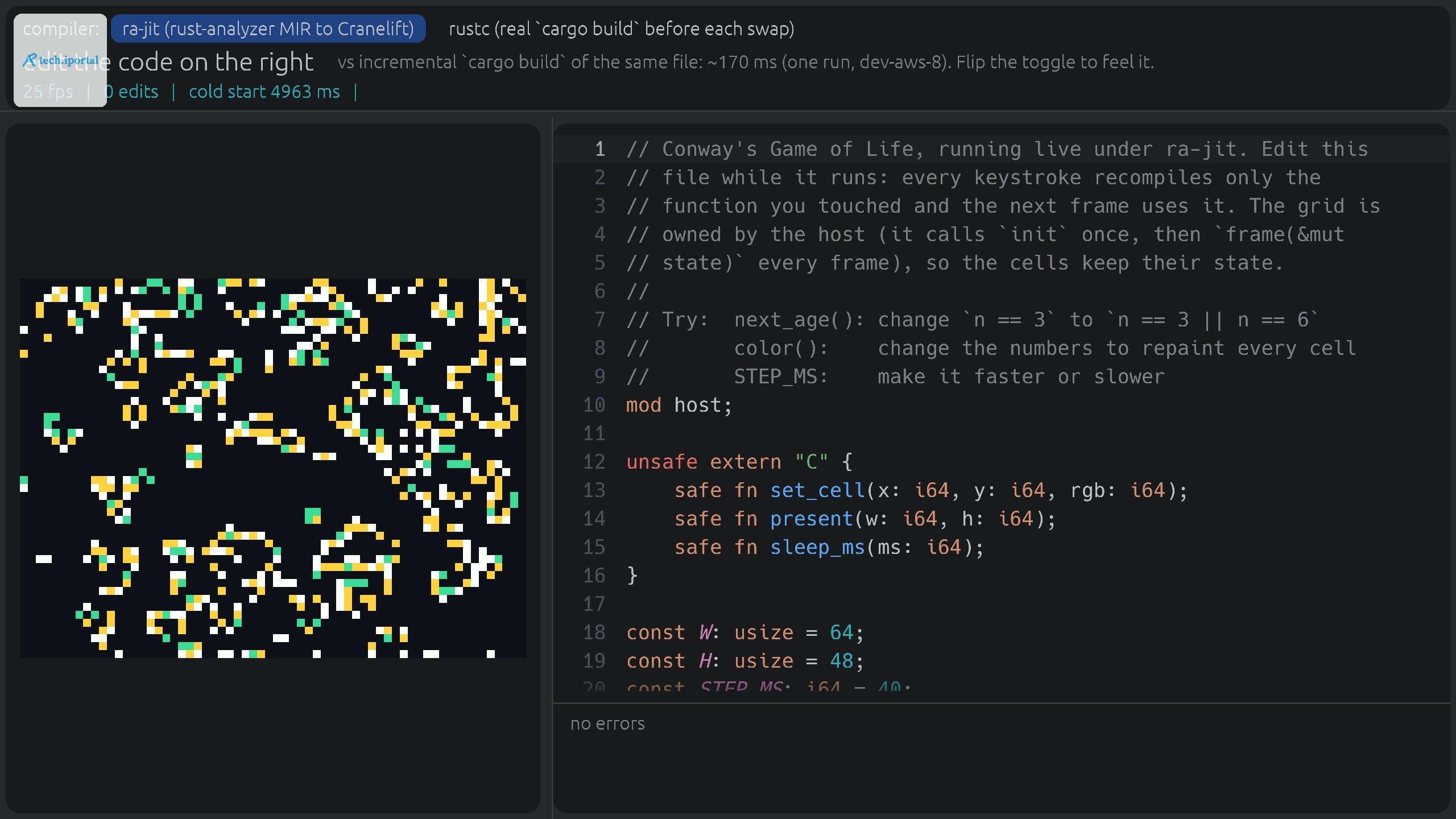 Editing the running Game of Life: rule, colours and speed change live