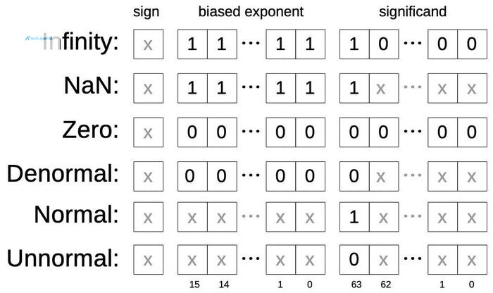 The encoding of special values. Based on Table S-31 in the Intel Numerics Supplement, but highly simplified. The "x" bits are arbitrary, as long as they don't conflict with another type.