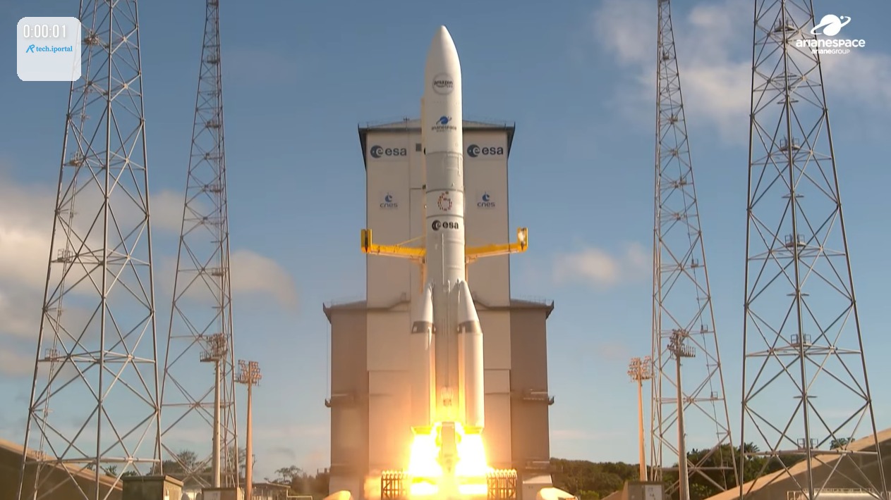 An Ariane 6 rocket launches 34 Amazon Leo satellites to orbit from French Guiana on June 17, 2026.