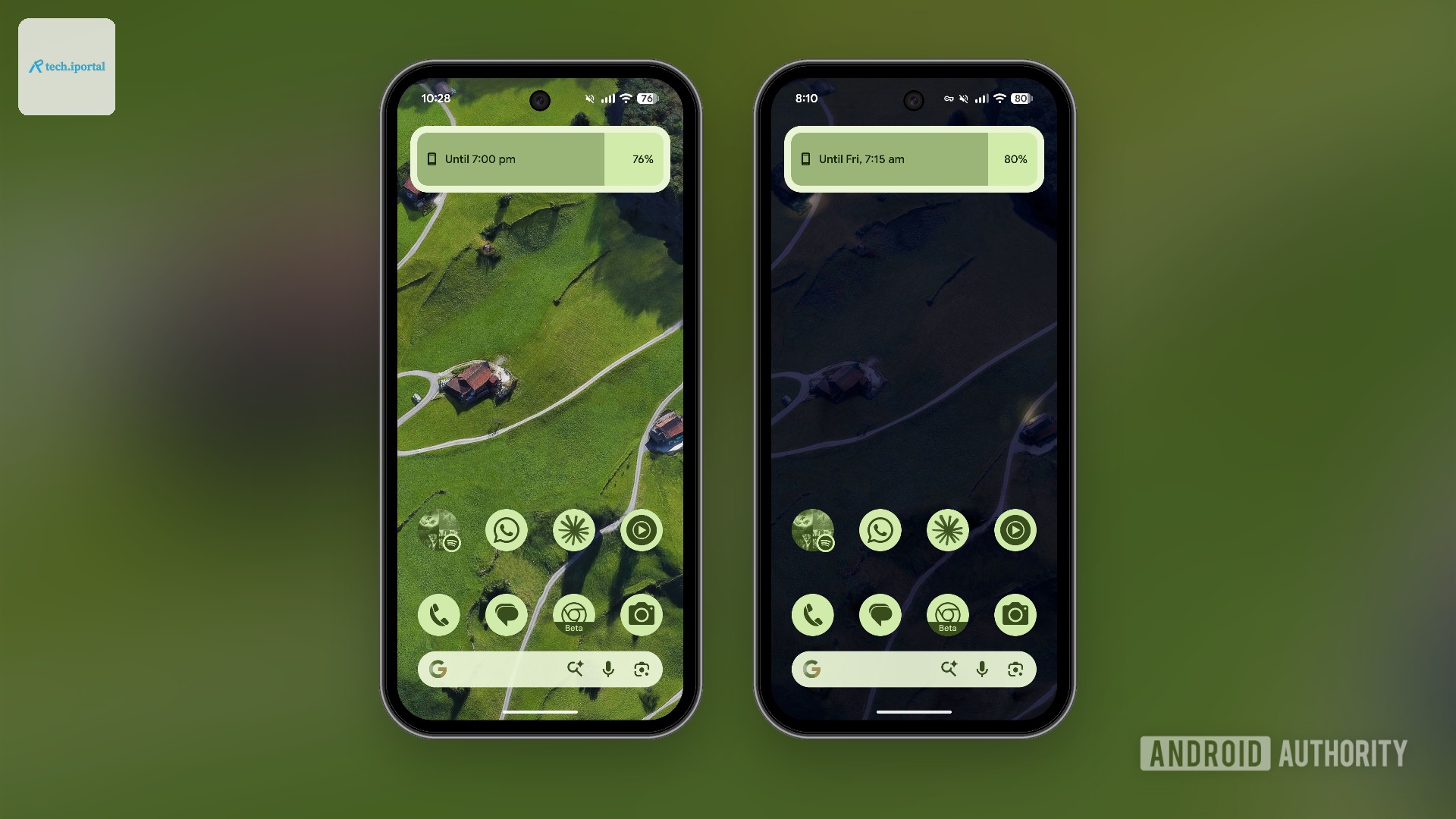 Minimal Pixel 9a home screen in day and night mode.