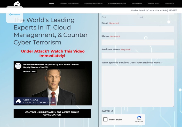 A webpage with the words: “The World’s Leading Experts in IT, Cloud Management, & Counter Cyber Terrorism. Under Attack? Watch This Video Immediately!” A video appears showing a man with short cropped