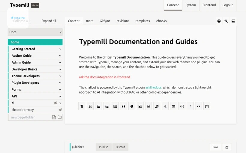 Screenshot of the documentation in Typemill