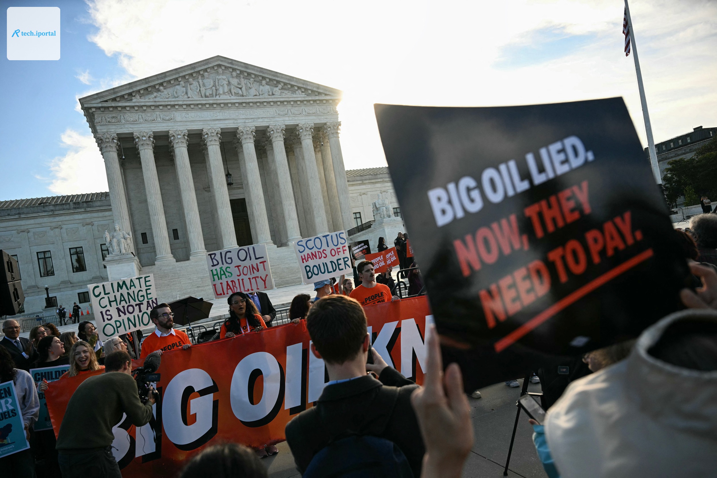People protest in front of the Supreme Court during arguments in the Suncor v. Boulder case on Monday in Washington, D.C. Credit: Jim Watson/AFP via Getty Images