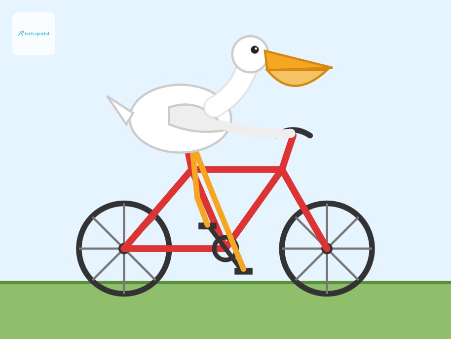 Minimalist flat-style illustration of a white pelican with an orange beak riding a black bicycle to the right, with motion lines behind it, on a light blue background.
