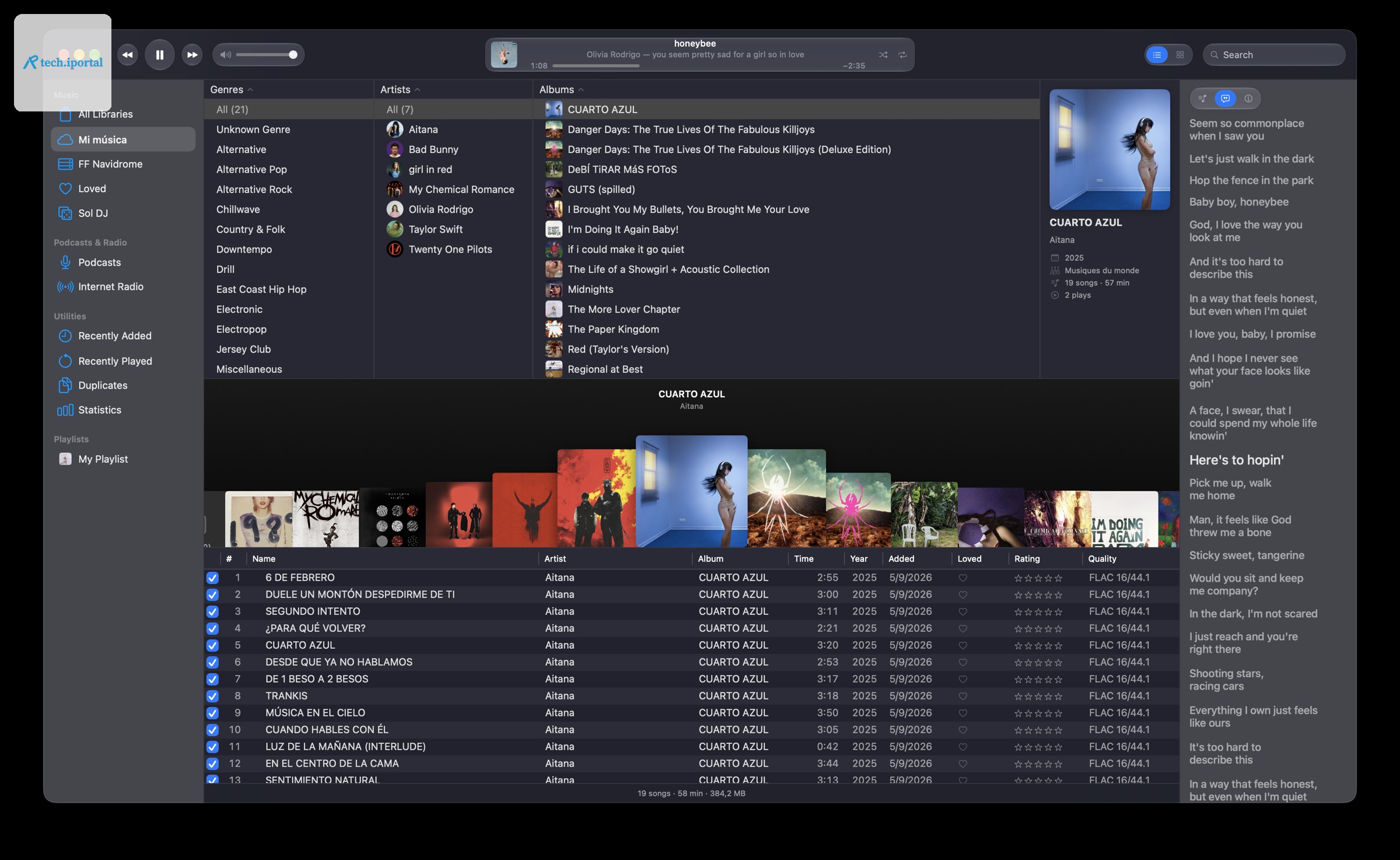 Sol's main window, showing the classic pane browser over a track list