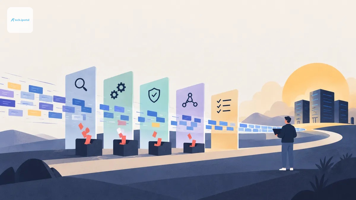 Illustration of a stream of code blocks passing through five translucent verification panels that drop red defects into bins, while a person holding a laptop watches the checked code travel down a win