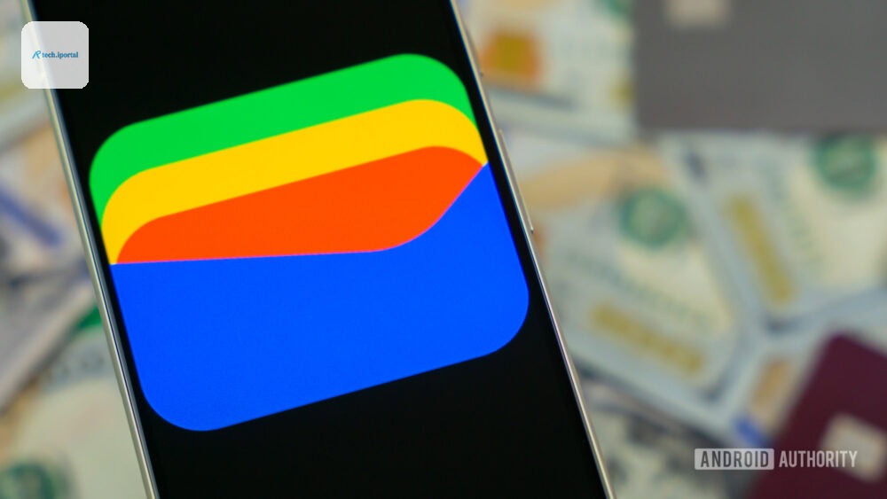 Google Wallet logo on smartphone next to credit cards and cash Stock photo 12 1000w 563h