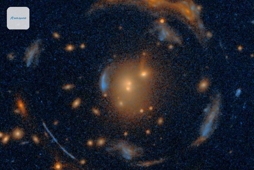 The Carousel Lens, an alignment consisting of 1 foreground galaxy cluster (the ‘lens’) and 7 background galaxies spanning immense cosmic distances through the gravitationally distorted space-time arou