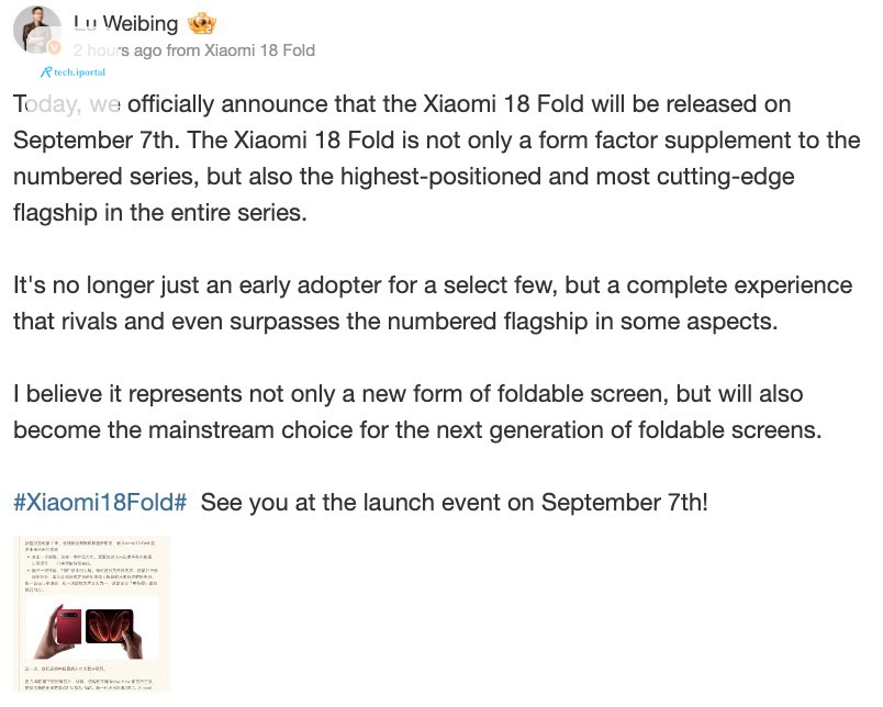 Lu Weibing officially announcing Xiaomi 18 Fold launch
